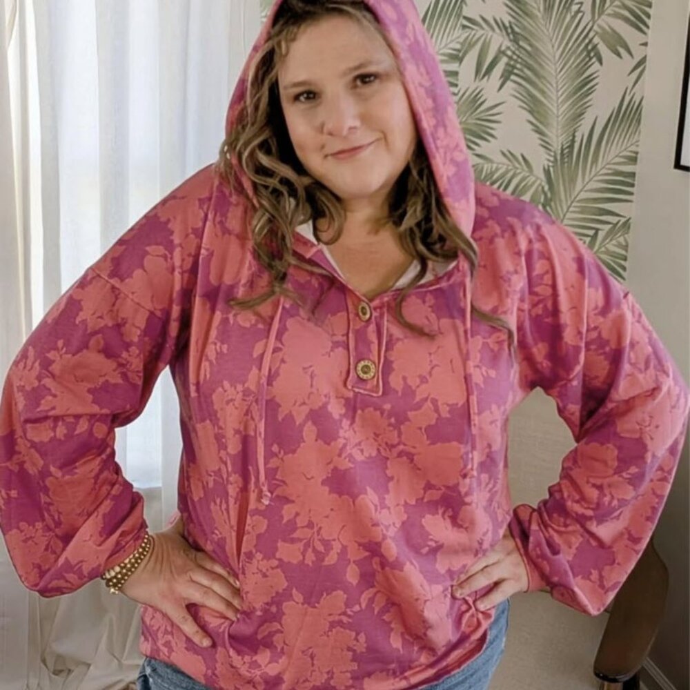 Pink Long Puff Sleeve TShirt Drawstring Hoodie